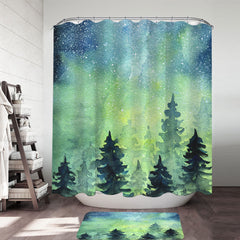Art Painting of Green Night Pine Forest Shower Curtain