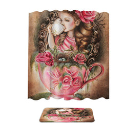 Art Painting Little Girl Porcelain Cup and Roses Shower Curtain