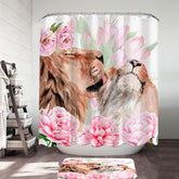 Art Painting Pinkish Flowers and Loving Lions Shower Curtain