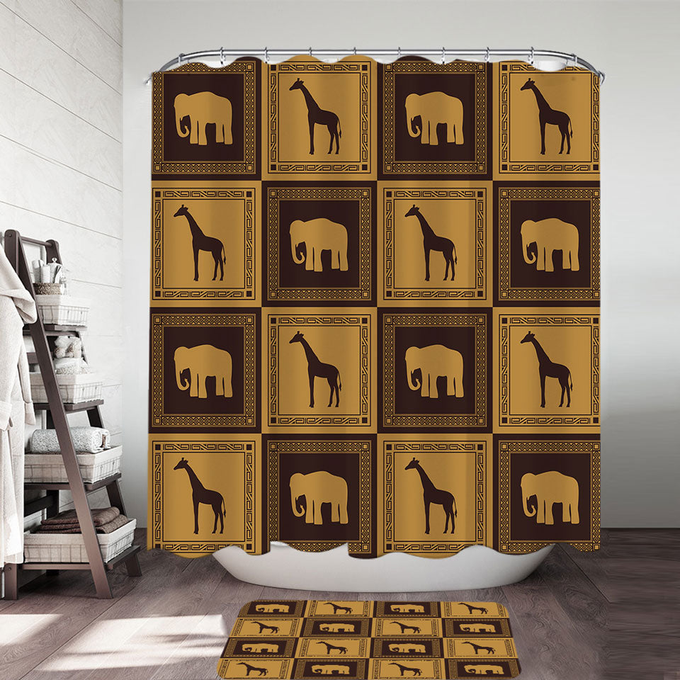 African Tiles Elephants and Giraffes Shower Curtain