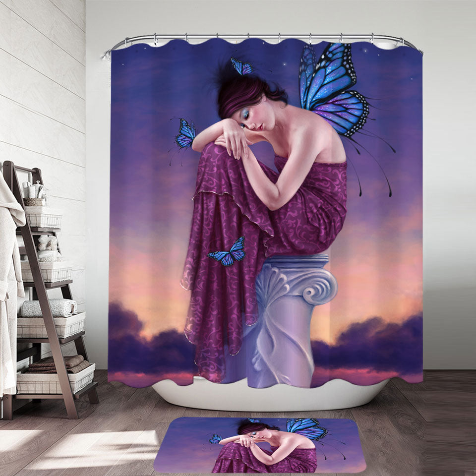 Art Painting Sunset Sleepy Butterfly Girl Shower Curtain