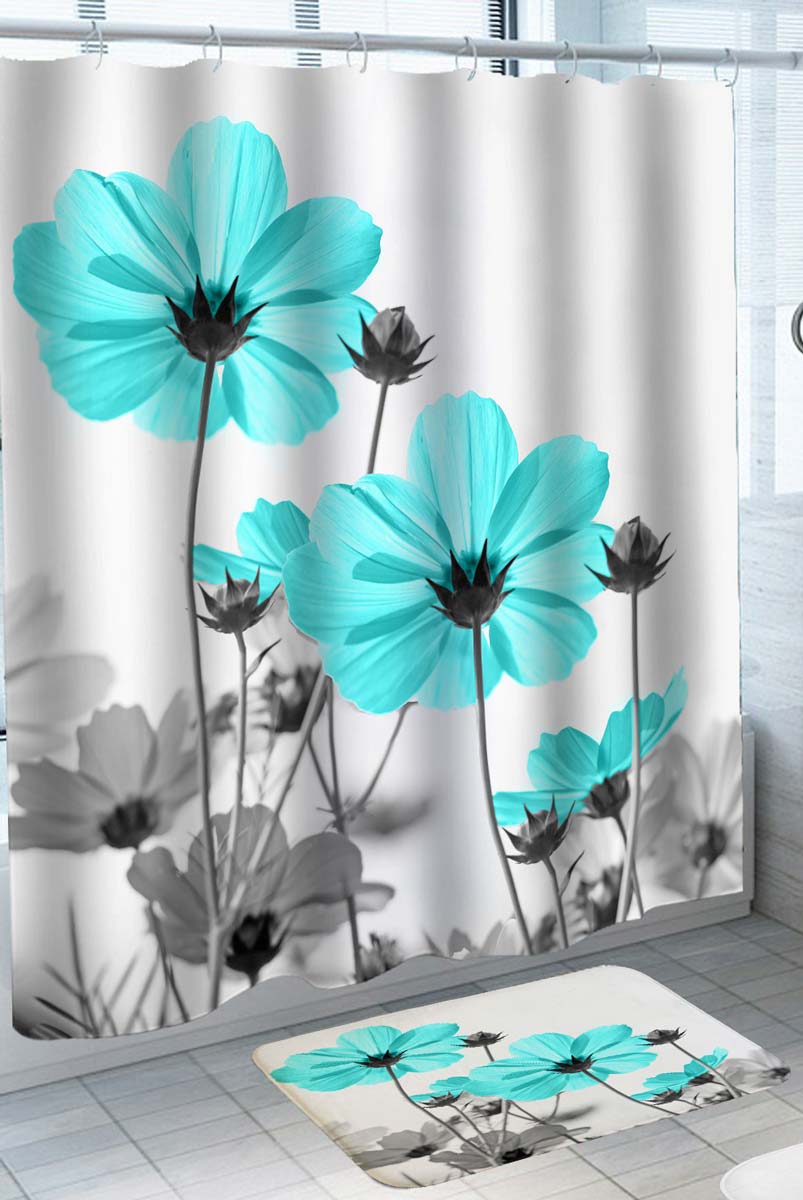 Artistic Black and White Turquoise Flowers Shower Curtain