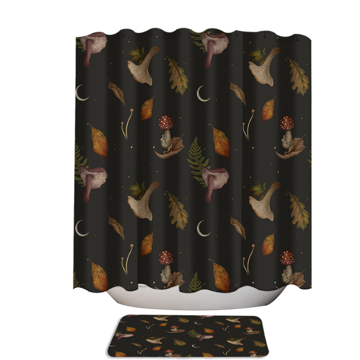 Autumn Forest Mushrooms and Leaves Shower Curtain
